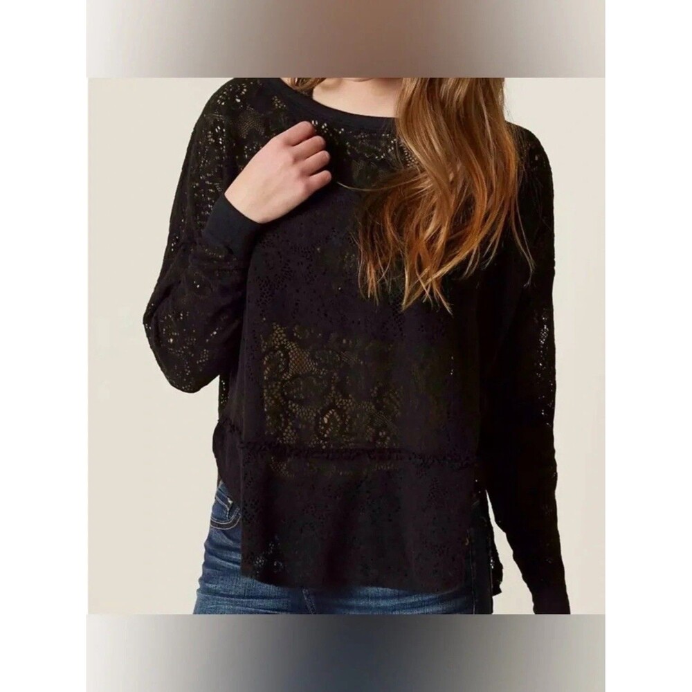 Free People Not Cold In This Black Lace Top M Soft Felted Loose Artsy Bohemian